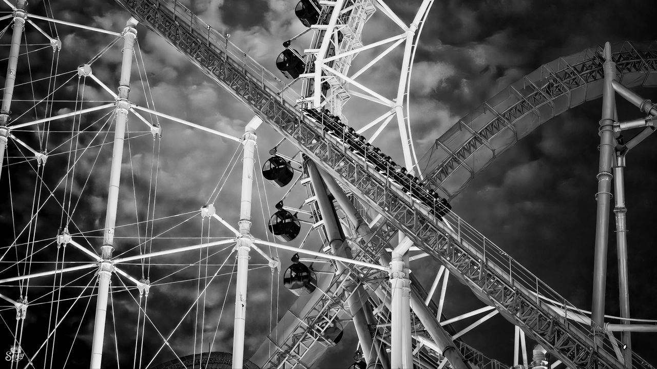 Wallpaper ferris wheel, cabins, roller coaster, attractions, bw