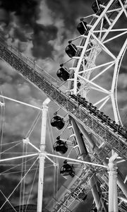 Preview wallpaper ferris wheel, cabins, roller coaster, attractions, bw