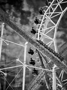 Preview wallpaper ferris wheel, cabins, roller coaster, attractions, bw