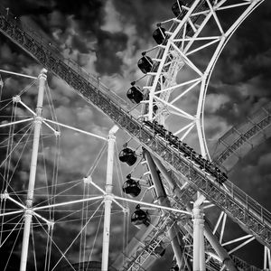 Preview wallpaper ferris wheel, cabins, roller coaster, attractions, bw