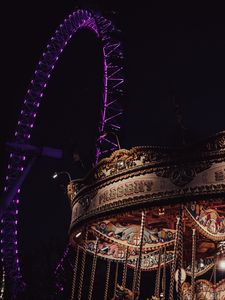 Preview wallpaper ferris wheel, carousel, attractions, night, lights