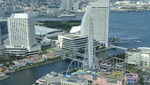 Preview wallpaper ferris wheel, city, buildings, cityscape, aerial view