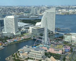 Preview wallpaper ferris wheel, city, buildings, cityscape, aerial view