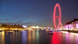 Preview wallpaper ferris wheel, glow, water, red, dark