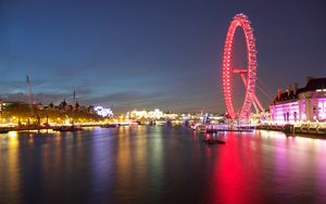 Preview wallpaper ferris wheel, glow, water, red, dark