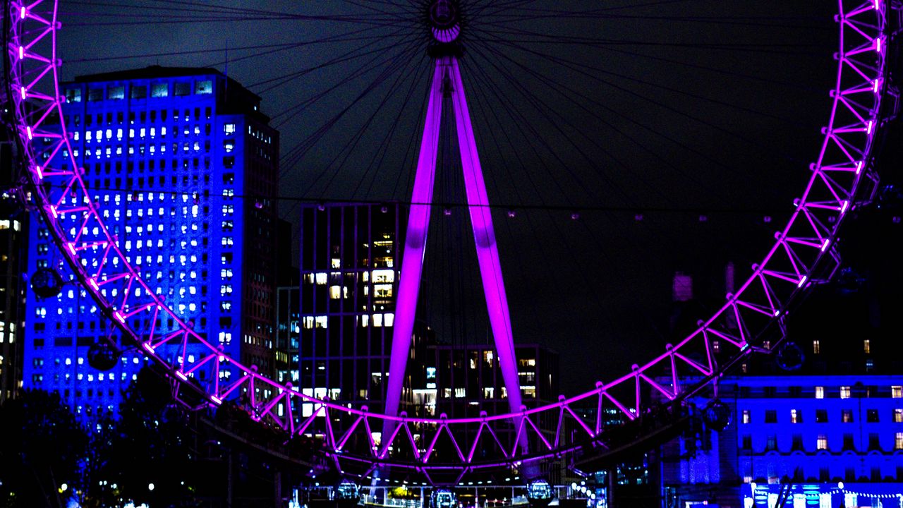 Wallpaper ferris wheel, lights, city, neon, night