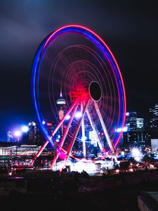 Preview wallpaper ferris wheel, lights, long exposure, city, dark