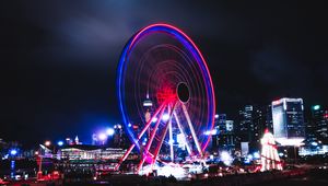 Preview wallpaper ferris wheel, lights, long exposure, city, dark