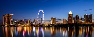 Preview wallpaper ferris wheel, night city, skyscrapers, ocean, beach