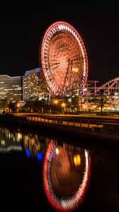 Preview wallpaper ferris wheel, rides, buildings, lights, reflection, city