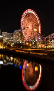 Preview wallpaper ferris wheel, rides, buildings, lights, reflection, city