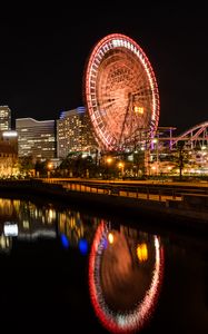 Preview wallpaper ferris wheel, rides, buildings, lights, reflection, city