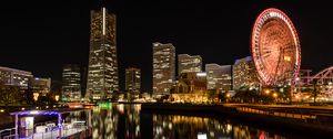 Preview wallpaper ferris wheel, rides, buildings, lights, reflection, city