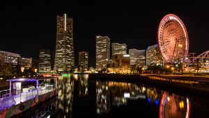 Preview wallpaper ferris wheel, rides, buildings, lights, reflection, city