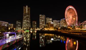 Preview wallpaper ferris wheel, rides, buildings, lights, reflection, city