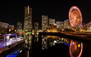 Preview wallpaper ferris wheel, rides, buildings, lights, reflection, city