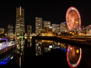 Preview wallpaper ferris wheel, rides, buildings, lights, reflection, city