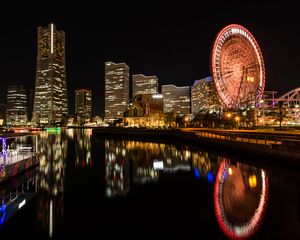 Preview wallpaper ferris wheel, rides, buildings, lights, reflection, city