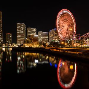 Preview wallpaper ferris wheel, rides, buildings, lights, reflection, city