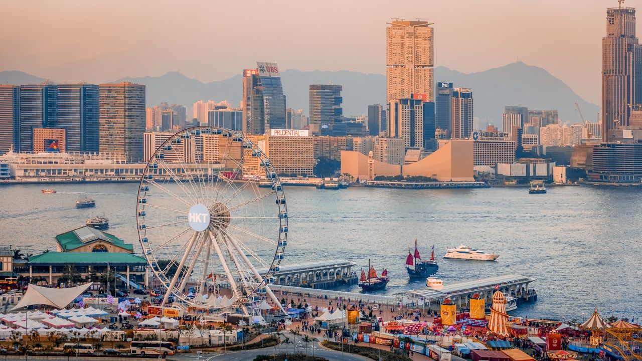 Wallpaper ferris wheel, water, buildings, city