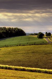 Preview wallpaper field, arable land, agriculture, hills, road, day