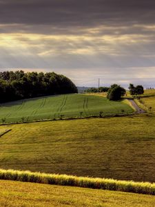 Preview wallpaper field, arable land, agriculture, hills, road, day