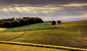 Preview wallpaper field, arable land, agriculture, hills, road, day