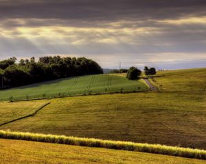 Preview wallpaper field, arable land, agriculture, hills, road, day