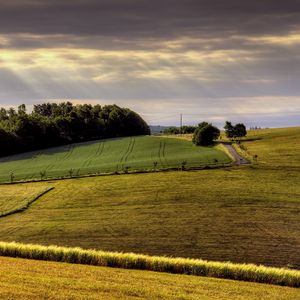 Preview wallpaper field, arable land, agriculture, hills, road, day