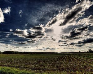 Preview wallpaper field, arable land, clouds, sky, numbers, hdr