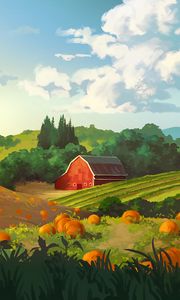 Preview wallpaper field, building, hills, pumpkin, art