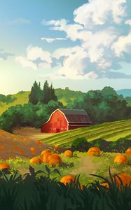 Preview wallpaper field, building, hills, pumpkin, art