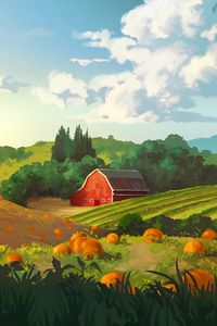 Preview wallpaper field, building, hills, pumpkin, art