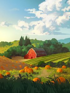 Preview wallpaper field, building, hills, pumpkin, art