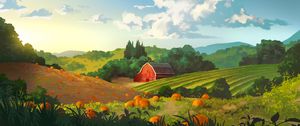 Preview wallpaper field, building, hills, pumpkin, art