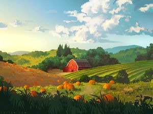 Preview wallpaper field, building, hills, pumpkin, art