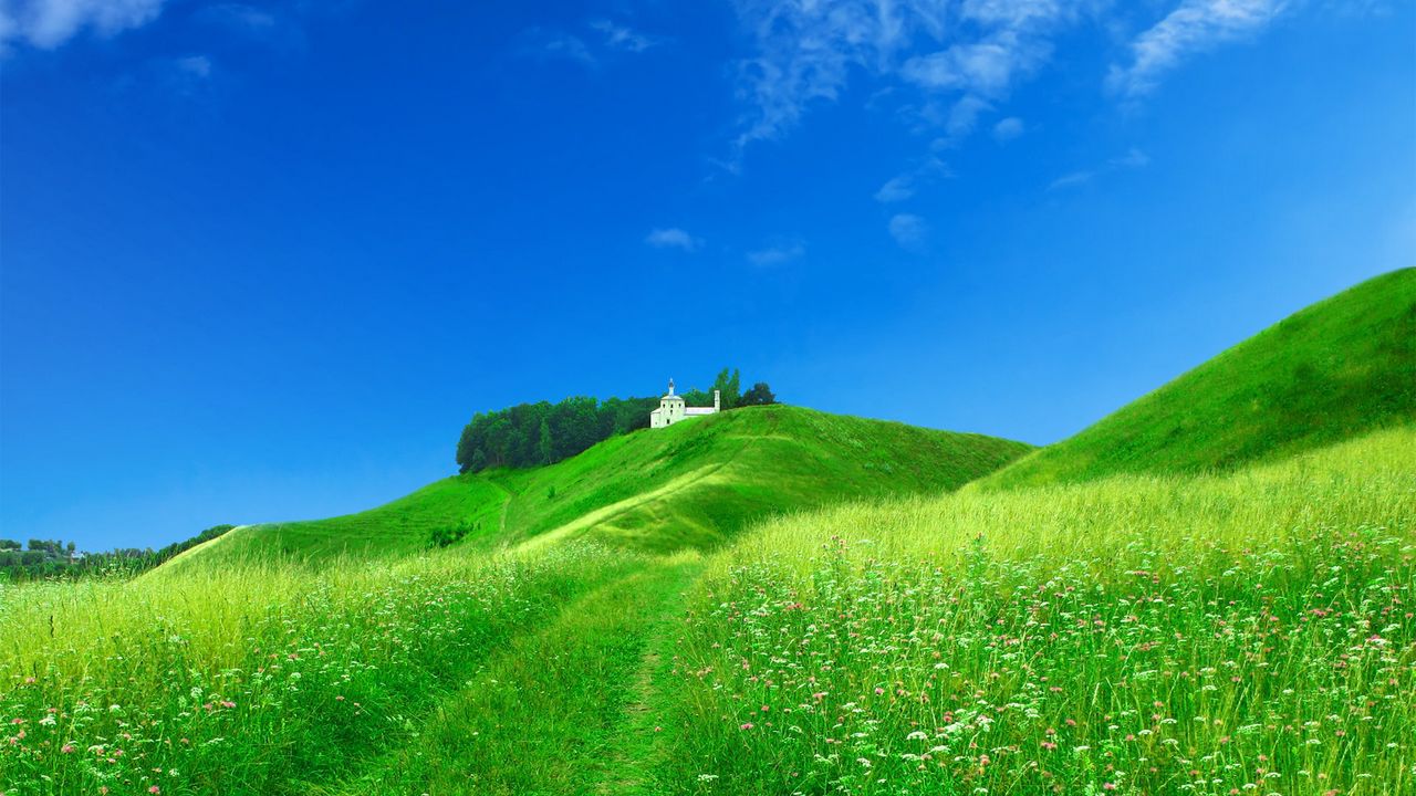 Wallpaper field, chapel, structure, green, summer, grass, brightly, meadow, flowers