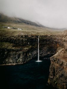 Preview wallpaper field, cliff, waterfall, lake, landscape