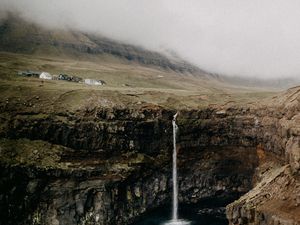 Preview wallpaper field, cliff, waterfall, lake, landscape