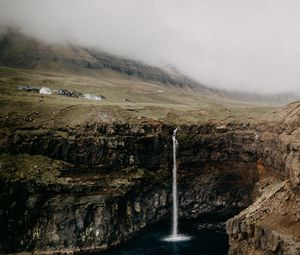 Preview wallpaper field, cliff, waterfall, lake, landscape