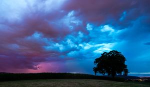 Preview wallpaper field, clouds, lightning, storm, tree