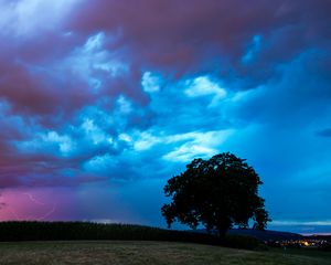 Preview wallpaper field, clouds, lightning, storm, tree