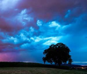Preview wallpaper field, clouds, lightning, storm, tree