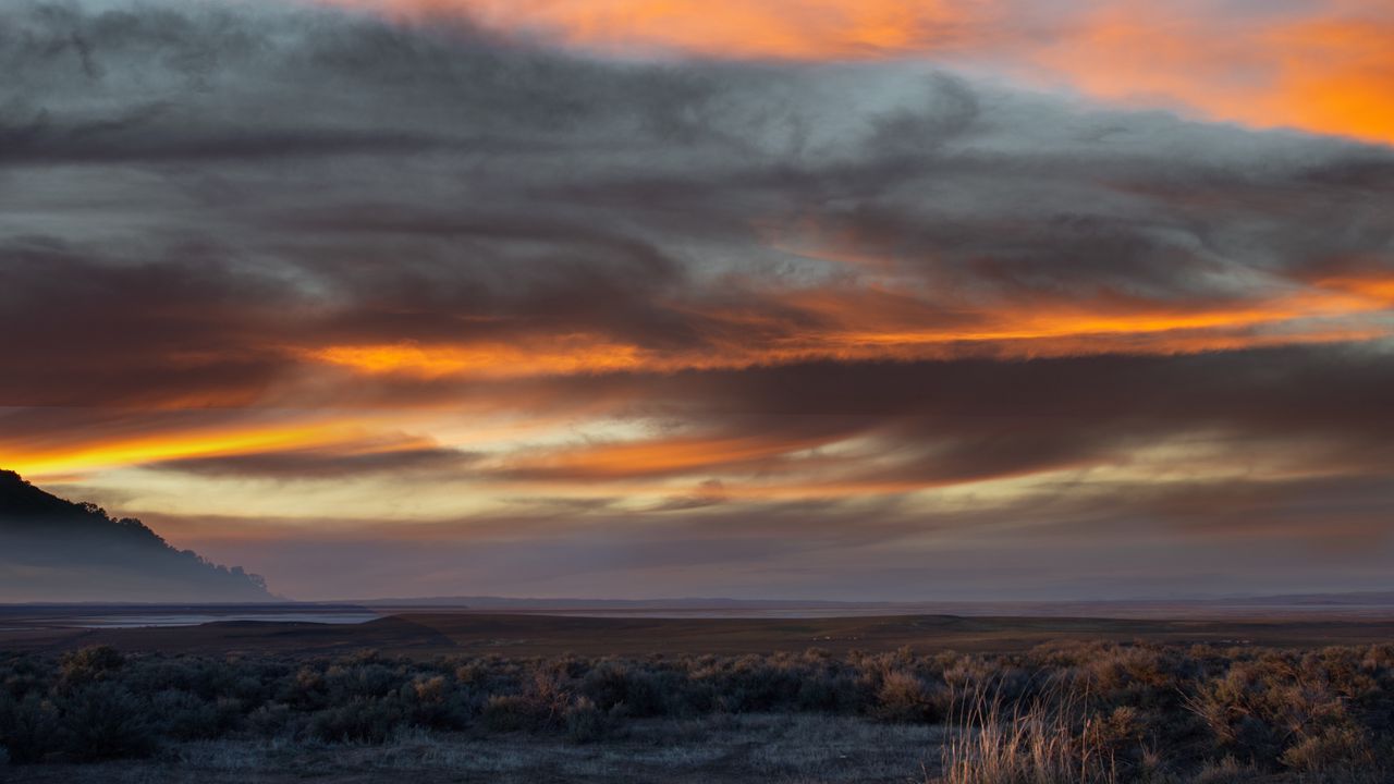 Wallpaper field, clouds, sky, mountain, sunset, landscape