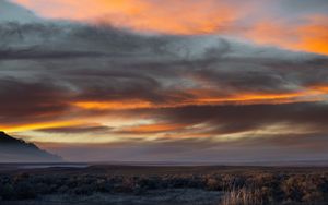 Preview wallpaper field, clouds, sky, mountain, sunset, landscape