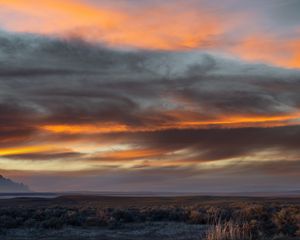 Preview wallpaper field, clouds, sky, mountain, sunset, landscape
