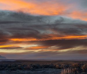 Preview wallpaper field, clouds, sky, mountain, sunset, landscape