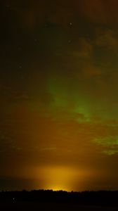 Preview wallpaper field, clouds, sunset, northern lights, stars, sky, dark