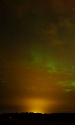 240x400 Wallpaper field, clouds, sunset, northern lights, stars, sky, dark