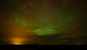 Preview wallpaper field, clouds, sunset, northern lights, stars, sky, dark
